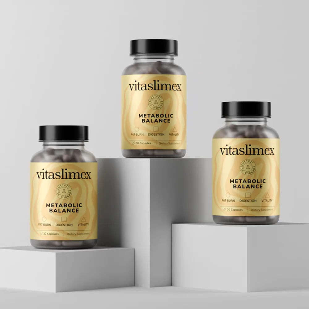 Trois flacons Vitaslimex Metabolic Balance de 30 gélules présentés sur des socles gris clair